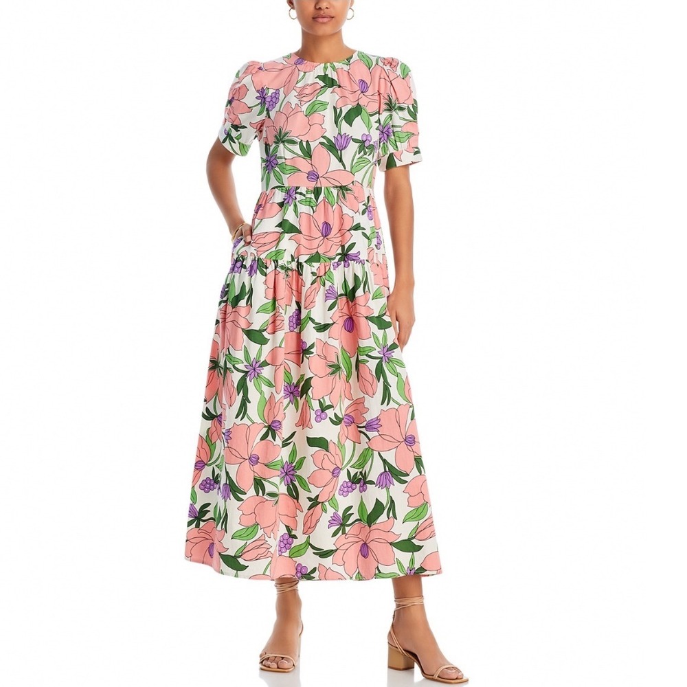 Banjanan Jana Floral Print Maxi Dress Quartz Pink Green Cotton Size Medium NEW